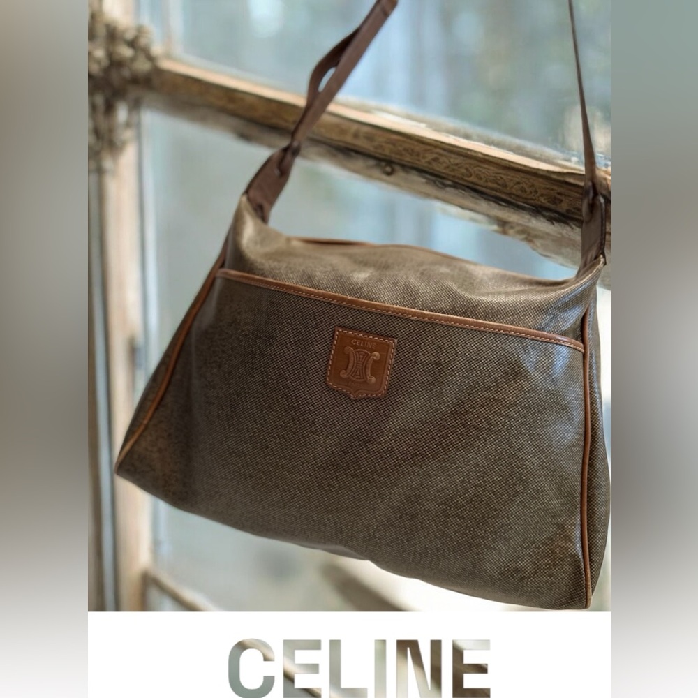 Celine Beige Coated Canvas and Leather Shoulder Bag